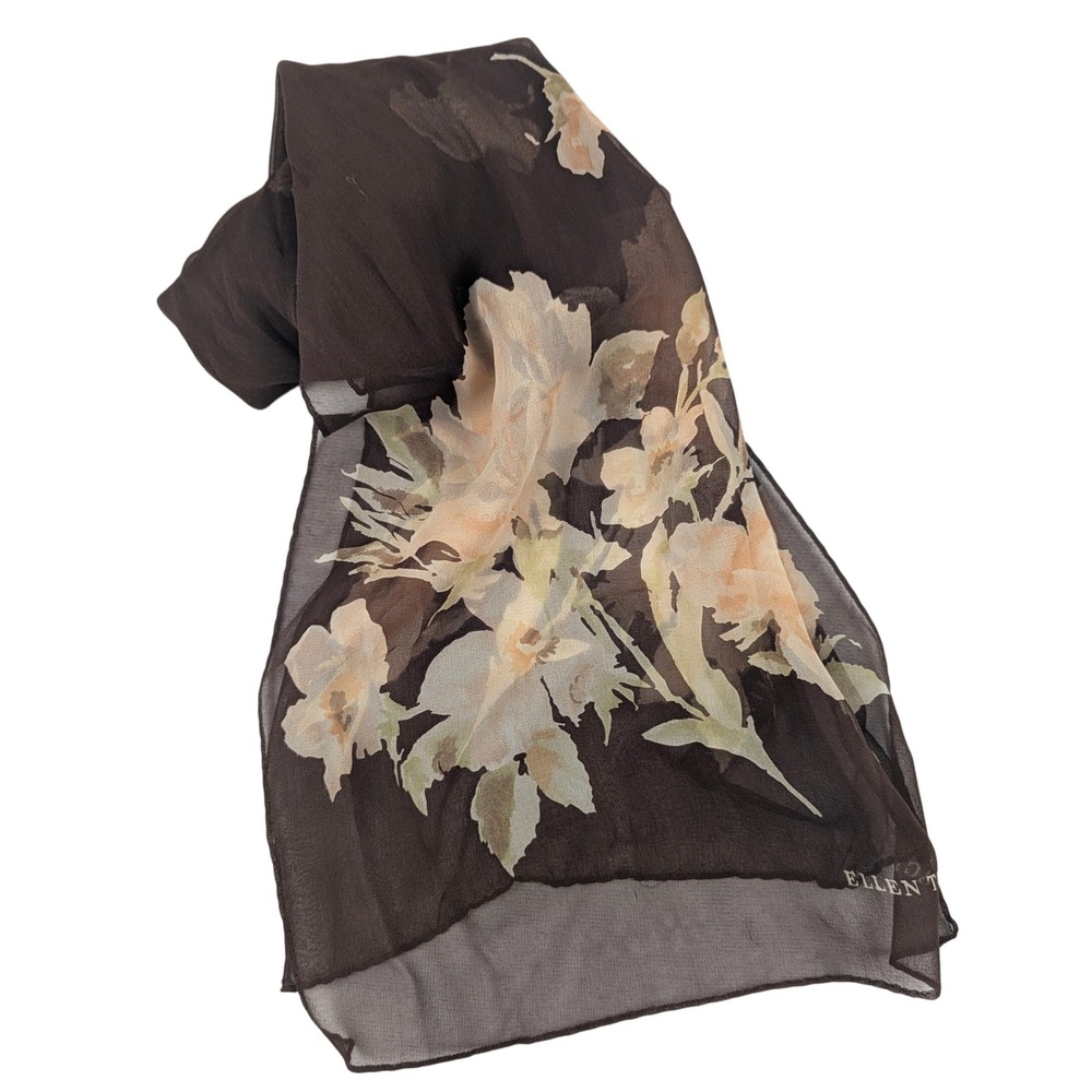Ellen Tracy Brown Silk Chiffon Floral Scarf Sheer Grandmacore Romance Light  Vtg